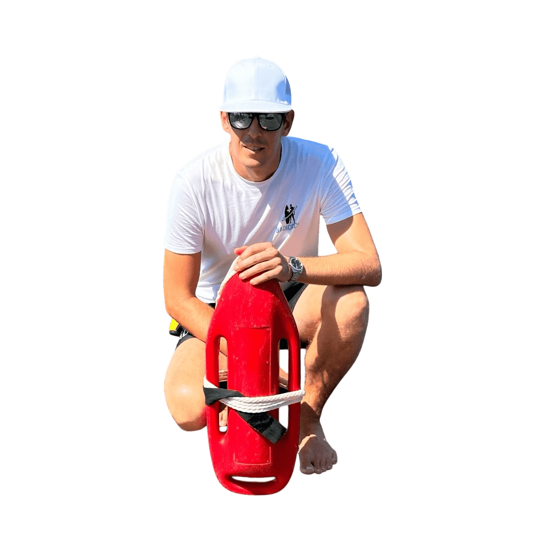 Badmeister mit Rettungsboje