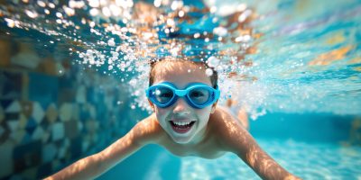 Joyful child swimming underwater in a colorful pool, capturing the essence of summer fun and carefree moments with laughter and splashes Generative AI