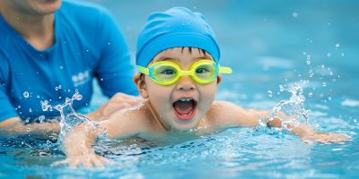 A joyful young child experiences the fun of learning to swim in a refreshing blue pool. This image captures a swim lesson, showcasing the child's happy expression as they play in the water alongside their instructor. Water splashes create dynamic movement, highlighting the summer activity and overall positive atmosphere. Perfect for illustrating childhood, wellbeing, and the excitement of mastering swimming, this image is ideal for educational materials, summer campaign visuals, or promoting children's sports and activity programs.