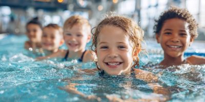 Diverse young children happily enjoying swimming lessons in a bright pool, learning essential water safety skills with a focus on fun and camaraderie.